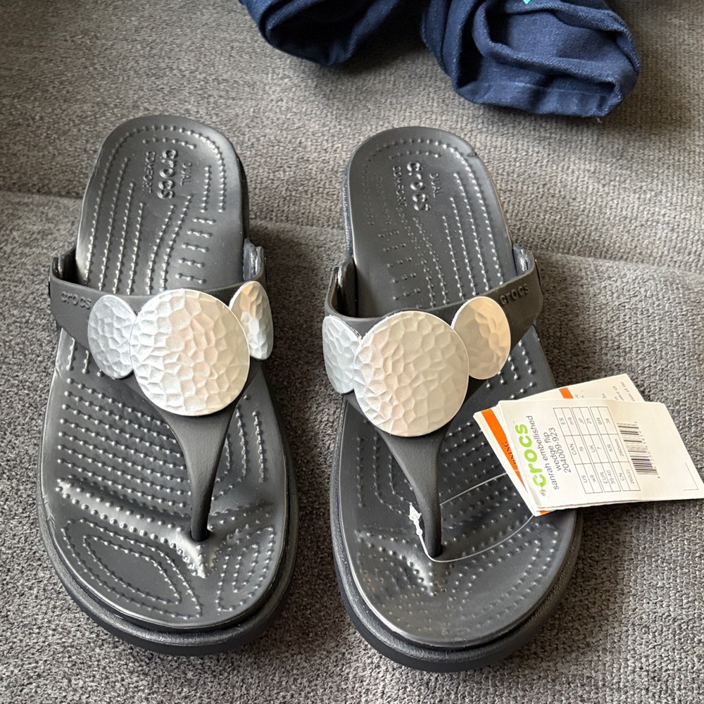 CROCS Gray Thong Sandals with Silver Medallions